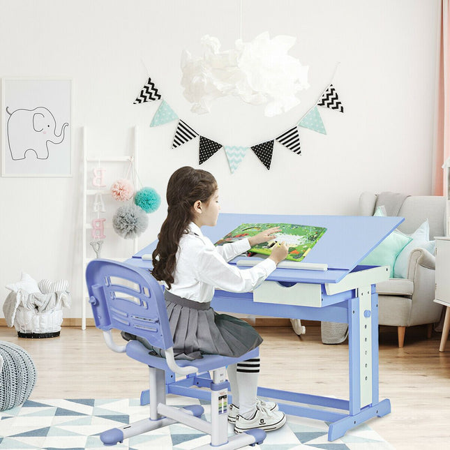 Children'S Height Adjustable Tilting Drawing Table with Storage