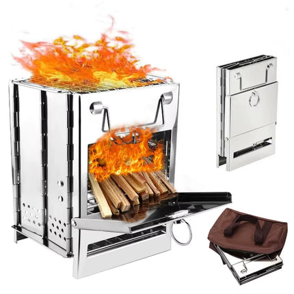 Camping Wood Burning Stove with Grill Collapsible Backpacking Survival Rocket Stove Stainless Steel Campfire Stove