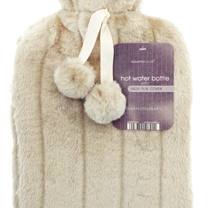 Hot Water Bottle with Faux Fur Removable Pom Pom Cover Body Warmer Xmas 2L Mink