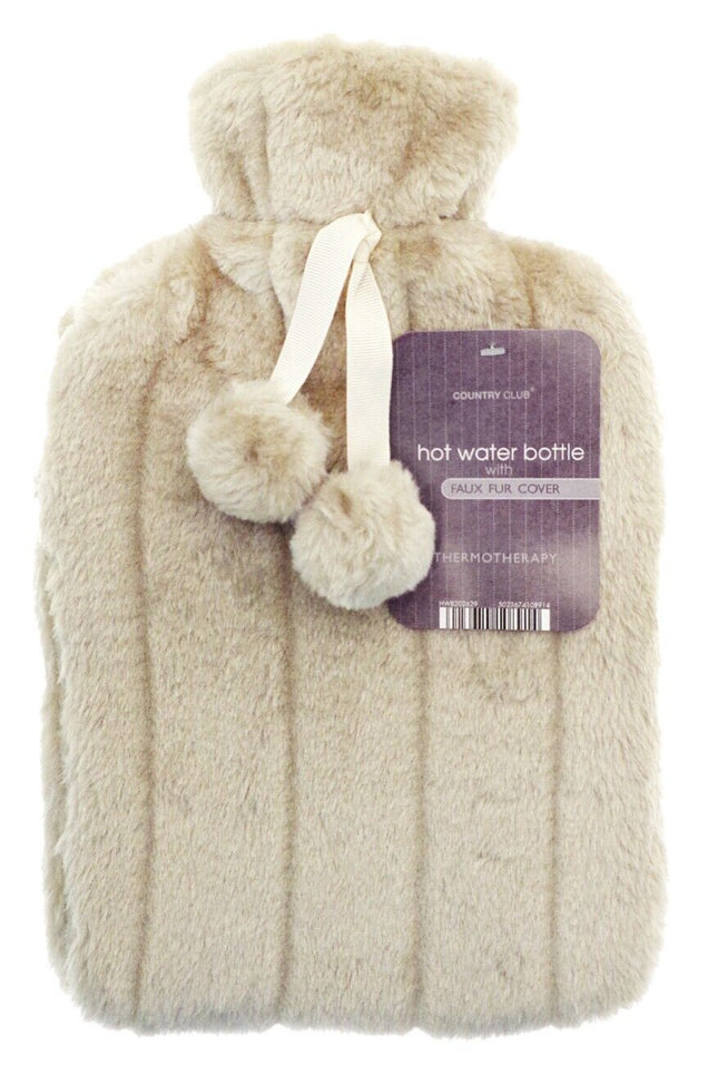 Hot Water Bottle with Faux Fur Removable Pom Pom Cover Body Warmer Xmas 2L Mink