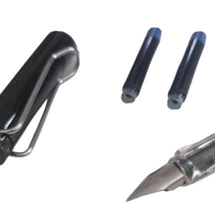 Fountain Pen Blue Ink Medium Writing Nib with Lid and 2 Cartridges Black Plastic