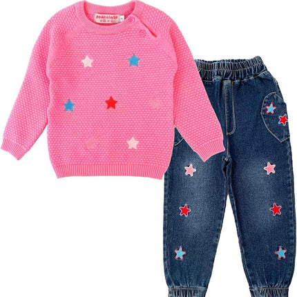 2-10Years Spring Autumn Girls 2Pcs Clothing Sets Long Sleeve Knit Sweater and Embroidery Jeans