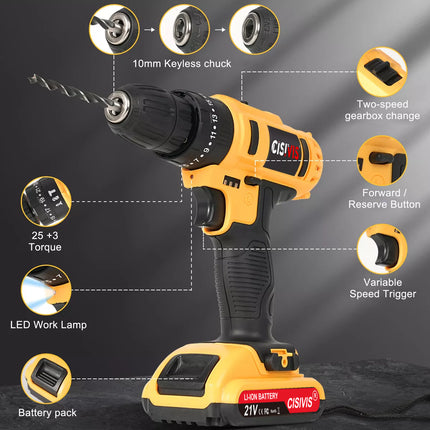 29PCS Cordless Screwdriver Set 21V Cordless Impact Drill Tool Set 2 Batteries