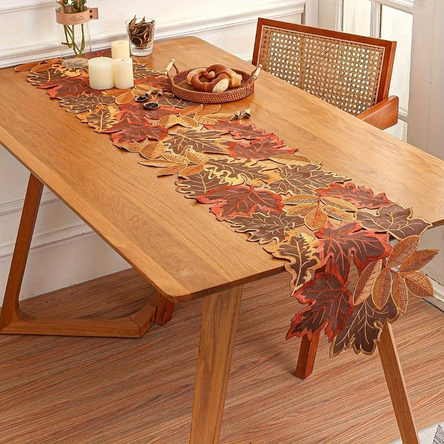 Table Runner Fall Maple Leaf Design in Red Orange Yellow, Brown, Non-Polyester