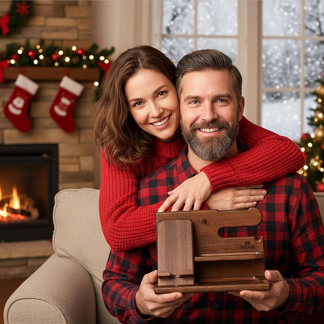 Gifts for Men Wood Phone Docking Station Desk Organizer Fathers Gifts Gifts for Him Xmas Gift Anniversary Birthday Presents Nightstand Key Wallet Stand for Men, Boyfriend, Dad