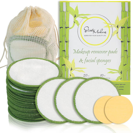 Reusable Makeup Remover Pads,  20Pcs Reusable Cotton Pads with 10 Facial Sponges Cleansing, Natural Bamboo Cotton Rounds 2-Layers Washable Face Cotton Pads with Laundry Bag