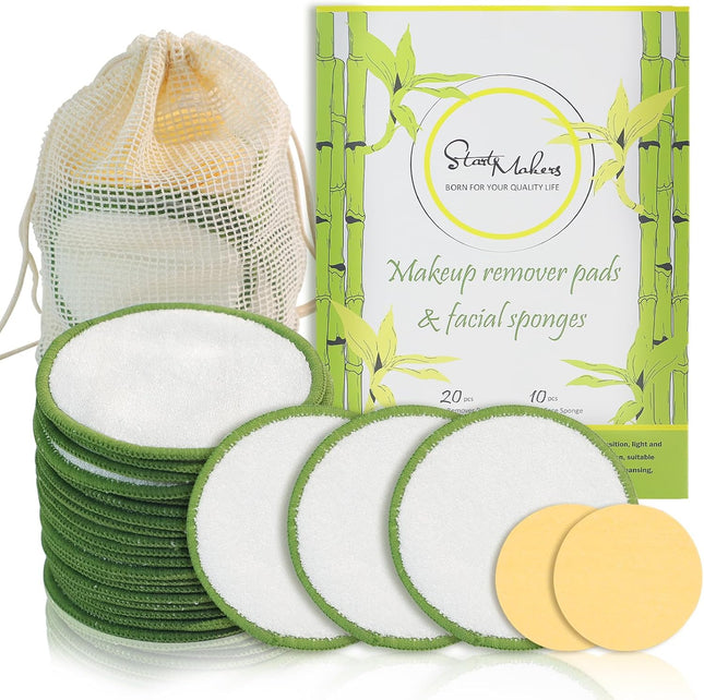 Reusable Makeup Remover Pads,  20Pcs Reusable Cotton Pads with 10 Facial Sponges Cleansing, Natural Bamboo Cotton Rounds 2-Layers Washable Face Cotton Pads with Laundry Bag