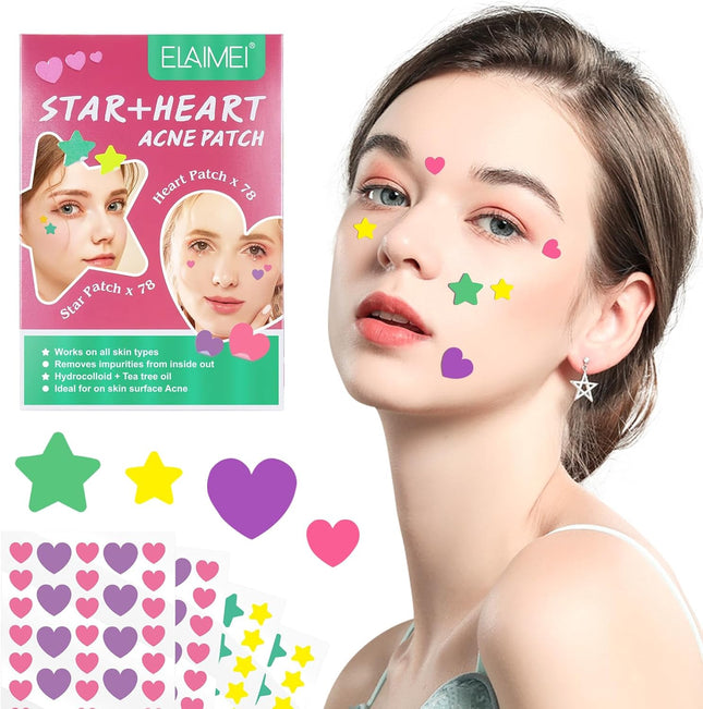 Acne Patch Pimple Patch,Pink Heart & Star Shaped Acne Absorbing Spot Patches, Hydrocolloid Acne Patches for Face Zit Patch Acne Dots,156 Patches Tea Tree Oil Centella Body Blemish Skin Care