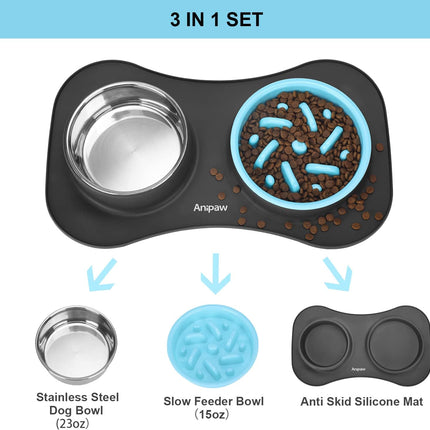 Anipaw Slow Feeder Dog Bowls 3 in 1 Stainless Steel Food and Water Bowls with No
