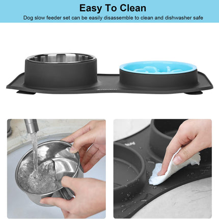 Anipaw Slow Feeder Dog Bowls 3 in 1 Stainless Steel Food and Water Bowls with No