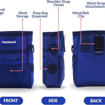 Dog Treat Pouch, Durable Oxford Polyester, No-Spill Magnetic Closure, Treat Pouches for Pet Training with Metal Clip, Waist Belt, Adjustable Strap, Poop Bag Dispenser (Navy Blue)