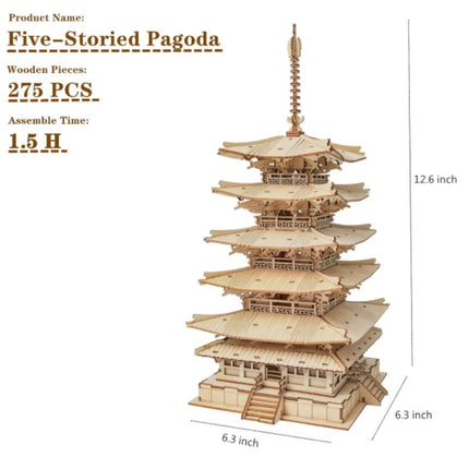 Five-Storied Pagoda 3D Puzzle Wooden Craft Kits DIY Model Building Kit Best Gift for Kids Adults
