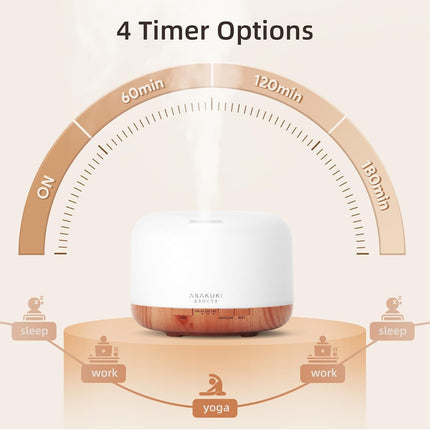 500Ml Essential Oil Diffuser, 5 in 1 Ultrasonic Aroma Scented Oil Diffuser Vaporizer Humidifier, Ｑuiet Diffuser with Timer Settings, Waterless Auto-Off & 7 LED Light Colours