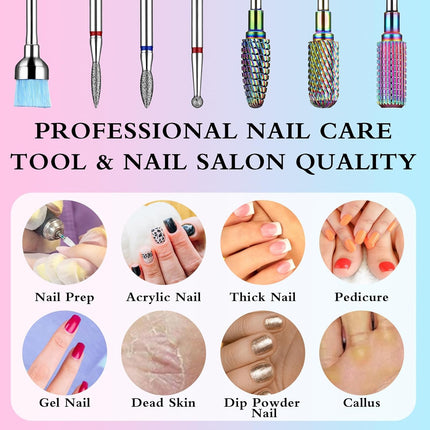 7 Pcs Nail Drill Bits Set, Tungsten 3/32 Inch Carbide Diamond Nail Drill Bits for Acrylic Nails, Curticle Bit for Nail Drill, Professional Cuticle Removal Nail Tools for Manicure Pedicure
