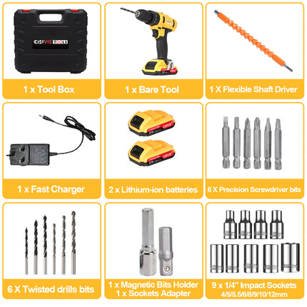29PCS Cordless Screwdriver Set 21V Cordless Impact Drill Tool Set 2 Batteries