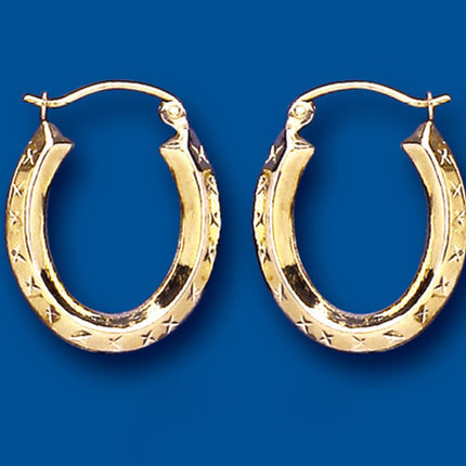 Gold Hoop Earrings Yellow Gold Oval Diamond Cut Creole Earrings Hallmarked