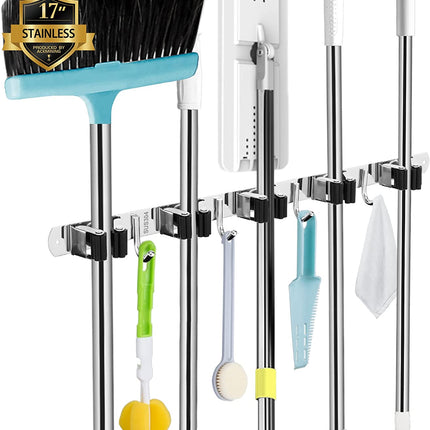 5 Holders+4 Hooks Broom Holder Wall Mounted with Nails Installation, Heavy Duty Stainless Steel Mop Holder, Brush Mop and Broom Storage Self Adhesive