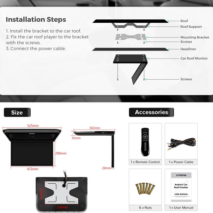 Android Car Overhead Player 19.5 Inch Octa Core Car Roof Mount Monitor Wide IPS Screen 8K Video Built-In Stereo Speakers Flip down Overhead Car Monitor Support 4G Wifi HDMI Input USB RCA Input