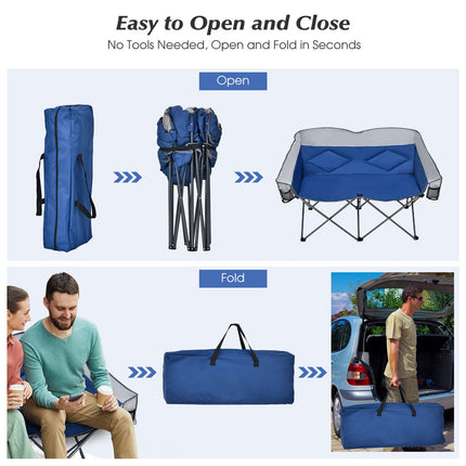 Double Folding Camping Chair with Padded Seat and Storage Pockets