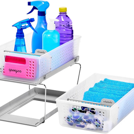 2-Tier Plastic Multipurpose Organizer with Divided Slide-Out Storage Bins, under Sink and Cabinet Organizer Rack, Frost