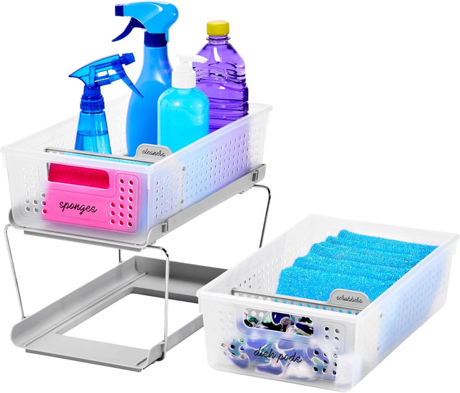 2-Tier Plastic Multipurpose Organizer with Divided Slide-Out Storage Bins, under Sink and Cabinet Organizer Rack, Frost