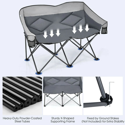 Double Folding Camping Chair with Padded Seat and Storage Pockets