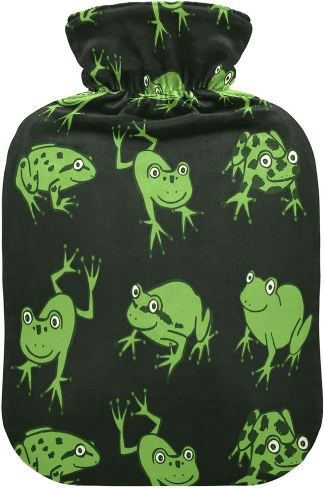 Hot Water Bottle with Cover, Funny Green Frog 1L Leakproof Hot Water Bag for Hand Feet Warmer, Neck, Shoulder, Back, Muscle Pain Relief, Cold Compress