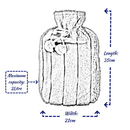 Large 2L Rubber Hot Water Bottle with Warm Faux Fur Fluffy Plush Pom Pom Cover