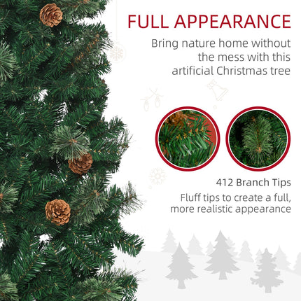 HOMCOM 5.5FT Artificial Slim Christmas Tree Holiday Home Décor with Pine Cones