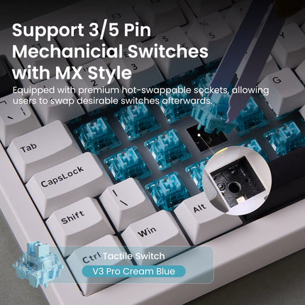 5075B plus 75% Mechanical Gaming Keyboard ISO-UK Black on White Hot Swap Side LED RGB Multi-Modes 2.4Ghz /USB Type-C/Bt 5.0