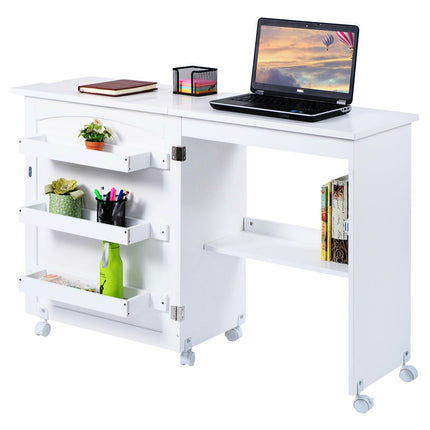 Folding Sewing Table with Storage Shelves and Lockable Casters