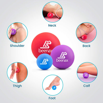 Lacrosse Massage Ball (Set of 3) - Trigger Point, Myofascial Release, Plantar Fasciitis, Deep Tissue, Yoga, Pilates, Rehab, Physio - Shoulders, Neck, Back, Foot, Body