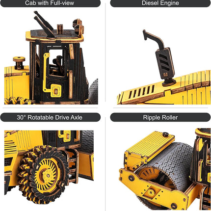Rokr 3D Puzzles Wooden Model Car Kits Engineering Road Roller Model DIY Wooden Building Kits for Kids Gift for Birthday