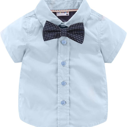 Boys Dress Shirt with Adjustable Bow Tie Short Sleeve Shirts Collared Tops