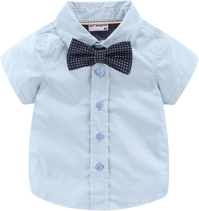Boys Dress Shirt with Adjustable Bow Tie Short Sleeve Shirts Collared Tops