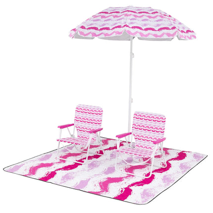 4 Pieces Beach Umbrella Set with 2 Foldable Chairs and Picnic Blanket