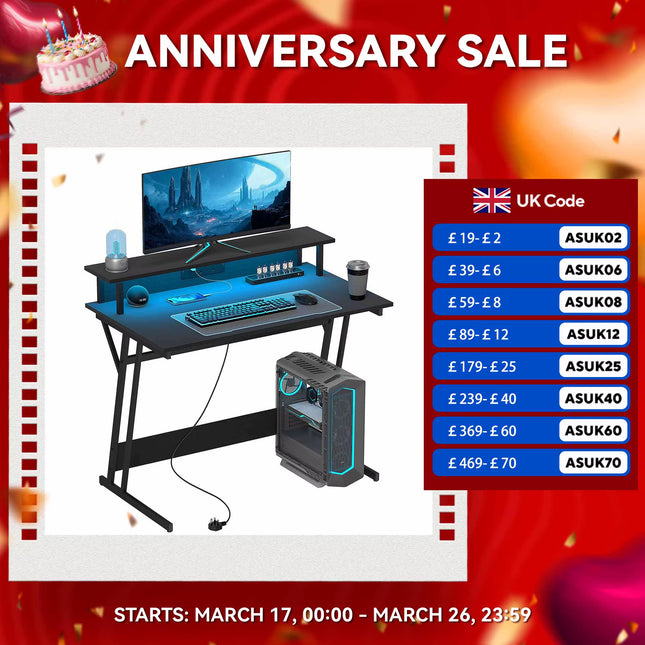 LED Gaming Desk with Power Outlets and Monitor Stand 100 X 60Cm Black