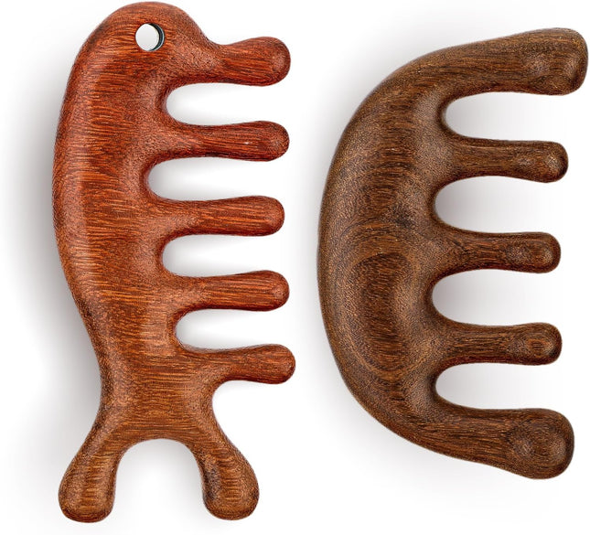 2 Pack Sandalwood Scalp Massage Tool - Wooden Gua Sha Comb for Hair Growth & Stress Relief