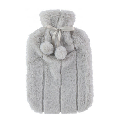 Large 2L Rubber Hot Water Bottle with Warm Faux Fur Fluffy Plush Pom Pom Cover