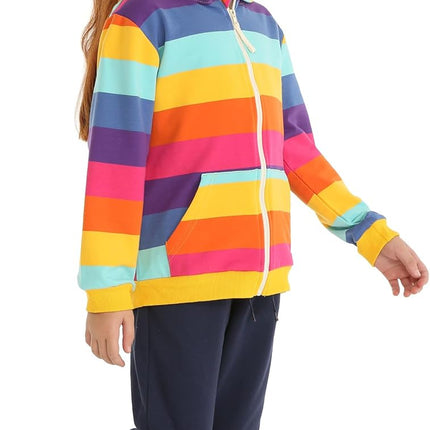 Boys Girls Patchwork Hoodie Zip up Hooded Sweatshirt with Rainbow Embroidery Jacket