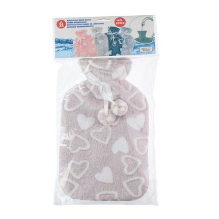 Large 2L Rubber Hot Water Bottle with Warm Faux Fur Fluffy Plush Pom Pom Cover