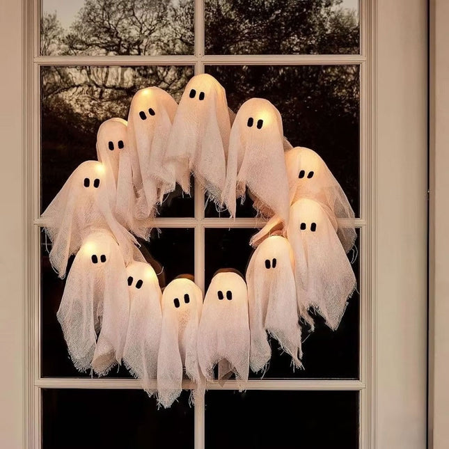 Halloween Lit Ghosts Wreath 12LED Light-Up White Ghost Garland,Spooky Decors~