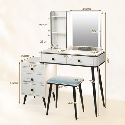 Vanity Table Set with 3-Color LED Lights Mirror and Charging Station