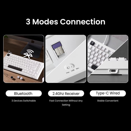 5075B plus 75% Mechanical Gaming Keyboard ISO-UK Black on White Hot Swap Side LED RGB Multi-Modes 2.4Ghz /USB Type-C/Bt 5.0