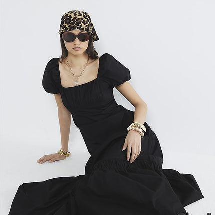 River Island Womens Midi Dress Black Short Puff Sleeve Square Neck Zip Tie Back