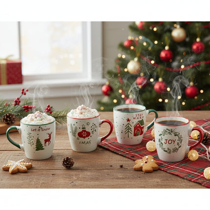 4/8 Pcs Mugs Ceramic Stoneware Festive Christmas Design Tea Coffee Gift Box Set