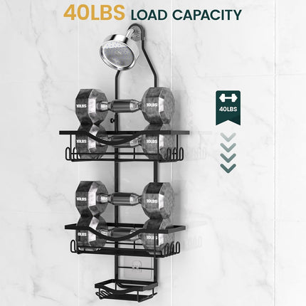 Shower Caddy Hanging Adjustable Shower Caddy, Rustproof Shower Organizer Extended Length Shower Caddy over Shower Head with Hooks Soap Holder, Large Capacity Anti-Swing Bathroom Organizer, Black