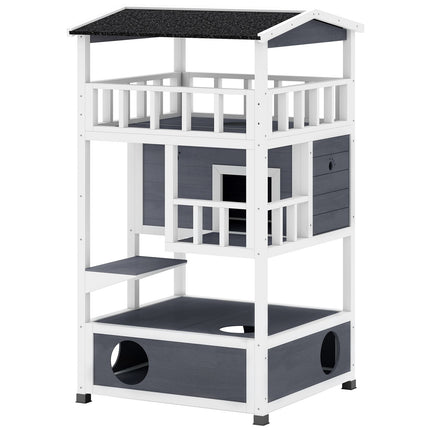 Pawhut Wooden Outdoor Cat House 3-Tier Kitten Shelter W/ Tilted Roof Grey