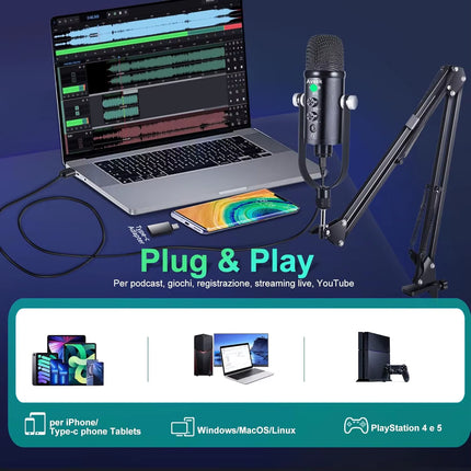 Gaming USB Microphone,Noise Cancellation Condenser Mic for Pc,Podcast Microphone,With Boom Bracket,For Gaming,Podcasting