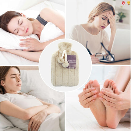 Hot Water Bottle with Faux Fur Removable Pom Pom Cover Body Warmer Xmas 2L Mink